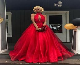 Cheap Red Prom Dresses 2019 A Line Halter Plus Size Organza Skirt Black Girls 2K19 Couple Fashion Backless Formal Evening Party Go6786071