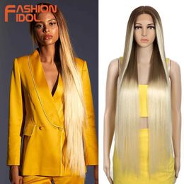 Synthetic Wigs 38 inch Straight Hair Synthetic Lace Front Wigs For Women High Temperature Fiber Ombre Blonde Highlight Cosplay Wig FASHION IDOL 240329