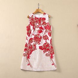 2024 Spring Red Floral Print Jacquard Beaded Dress Sleeveless Round Neck Sequins Short Casual Dresses S4M150315