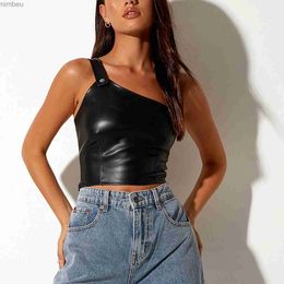 Women's T-Shirt Women Leather Tank Top One Shoulder Sexy Crop Top With Botton 2023 Summer Black Bare Midriff Basic TopC24319