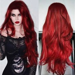 Synthetic Wigs Lace Wigs High Temperature Fiber Wine Red Central Parting Long Curly Wig Women Hairpiece 240329