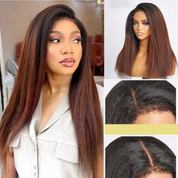 Synthetic Wigs Cosplay Wigs 26 inch Long 180% Density Ombre Brown Yaki Kinky Straight Lace Front Wig For Black Women Natural Hairline With Afro Baby Hair 240329