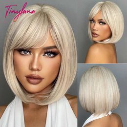 Synthetic Wigs White Blonde Gray Synthetic Wigs with Bangs Short Straight Bob Hair Wig for Women Cosplay Daily Natural Hair Heat Resistant 240329