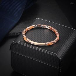 Link Bracelets Moocare Stainless Steel And Wood Bracelet Rose Gold Plated Fine Curved Sign Inlaid With Black Zircon Men's Fashion Wrist