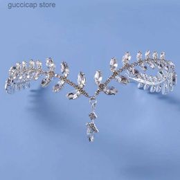 Tiaras Silver Water Drop Bridal Hairband Rhinestone Wedding Hair Accessories Leaves Crown Hair hoop Bridesmaid Headdress Jewellery Y240319