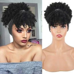 Synthetic Wigs Curly Wigs for Black WomenHeadband Wigs with Bangs Wrap Wig 2 in 1 Synthetic Short Afro Kinky Curly Wig with Headband Attached 240329