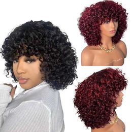 Synthetic Wigs Synthetic Wigs Deep Wave Human Hair Wigs With Bangs Full Machine Made Jerry Curly Short Bob Wigs For Women Remy Pixie Cut Wig 180% Burgundy 240329