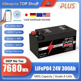 24V LiFePO4 Battery 300Ah 200Ah 100Ah Lithium Battery 25.6v 7KW Buletooth 8S 200A BMS 6000+ Cycles IP65 For RV Boat Solar No Tax