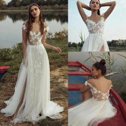 sexy bohemain wedding dresses illusion sheer neck lace appliques wedding dress backless split sweep train bridal gowns robes de marie