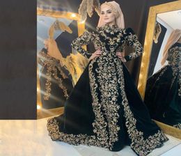 Moroccan Caftan Velvet Muslim Evening Dresses With Detachable Train Long Sleeves Celebrity Gowns Crystal Formal Women Arabic Dubai8192541