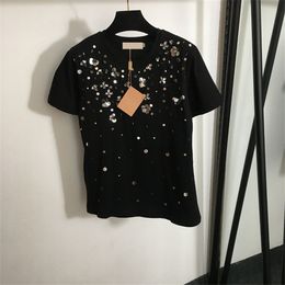 Diamante Sequins Women T Shirt Tops Flower Embellished Short Sleeve Shirt Luxury Designer Casual Tees