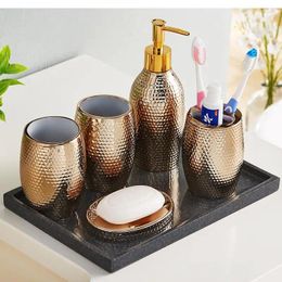 Bath Accessory Set Gold-plated Bathroom Accessories Toothbrush Holder Toothpaste Dispenser Ceramic Lotion Bottle Marble Tray Supplies