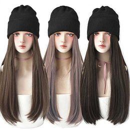 Synthetic Wigs Synthetic Wigs Beanies Hat With Hair Wigs For Women 24 inch Long Straight Hair Synthetic Wig Warm Soft Ski Knitted Autumn Winter Cap 240328 240327