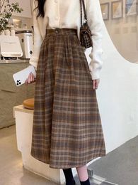 Skirts Plaid Skirt Women Vintage Long Woolen Female Korean Fashion Pleated Midi Ladies Autumn Winter Loose Warm