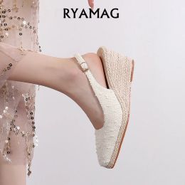 Sandals RYAMAG Women Sandals New Summer Wedge Espadrilles Heel Thick Bottom Square Toe Toe Shoes Highheeled Straw Woven Hemp Bottom