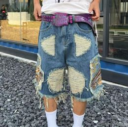 Mens Jeans Ripped Denim Shorts Light Blue Short Pants Trendy All Match Loose Split Stitching Short Jeans