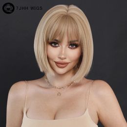 Wigs 7JHH WIGS Synthetic Short Straight Blonde Bob Wig for Women Daily Party Princess Cut Highlight White layered Hair Wig with Bangs