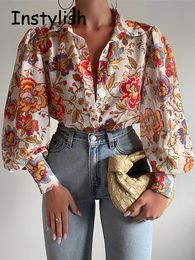 Women Elegant Floral Print Puff Long Sleeve V Neck Blouse Spring Summer Office Button Luxury Shirt Vintage Oversized Tops Tunics 240308