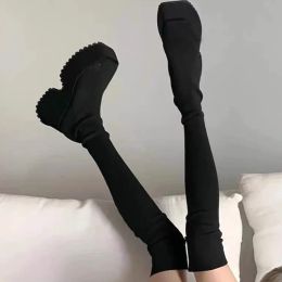 Boots Women Knitting Over The Knee Sock Boots High Heels Platform Shoes 2023 Winter New Chelsea High Boots Chunky Pumps Snow Botas