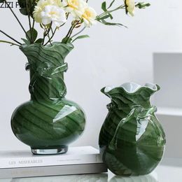 Vases Green Wave Texture Glass Vase Hydroponics Flower Pots Desk Decoration Flowers Arrangement Floral Room Aesthetic Decor