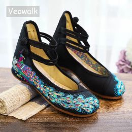 Flats Veowalk Glitter Sequins Peacock Embroidery Women Canvas Ballet Flats Ladies Casual Walking Shoes Chinese Style Cotton Ballerinas