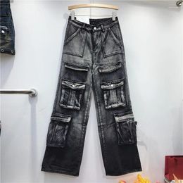 Women's Jeans 2024 Spring Autumn Spicy Girl Cool Fashion Big Pocket Halo Dye Gradient Design Denim Women Wide Leg Pants LX189