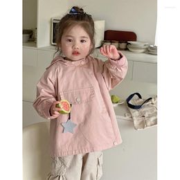 Coat Girls Trench Jacket Spring 2024 Korean Version Children's Loose Mid-length Hooded Top Casual Cute Sweet High Quality Blouse