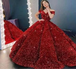 Luxury Ball Gown Sequin Quinceanera Dresses Glitter Sequined Women Sweet 16 Formal Party Night Off The Shoulder Robe De Soiree Ele4264687