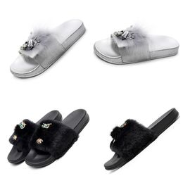 2024 GAI Designer Slippers Pink Grey Women's Summer Heel Sandals Quality Fashion Plush slippers sandals with External fur cute pink anti slip black EVA NEW bigsize