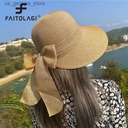 Wide Brim Hats Bucket Hats Summer Womens Big Bow Str Hat Portable Folding Holiday Beach Sunshade Handwoven Solid Color Womens Sunshade Hat Y240319