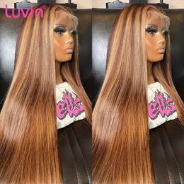 Synthetic Wigs Luvin Highlight Bone Straight 13x6 Lace Front Human Hair Wigs 30 32 Inch Ombre Brazilian 4/27 Coloured 13x4 Frontal Wig For Women 240329