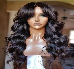 Body wave human hair wigs with curtain bang soft wet wavy 360 frontal wig hd lace front wig perruque 150density for black women1914415