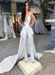 2020 Unique Country Wedding Jumpsuits With Detachable Train Long Train Lace Appliqued Bridal Gowns Sheer Neck Satin Wedding Dress4678013