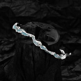 Charm Bracelets F.I.N.S Irregular Mint Blue Enameled S925 Pure Sterling Silver s Texture Open Bangle Wrist Fine Fashion Jewelry Woman L240316