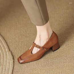 Dress Shoes 2024 Spring Women Pumps Natural Leather 22-25cm Cowhide Pigskin Square Toe Loafers T-tied Buckle Rivet Womens