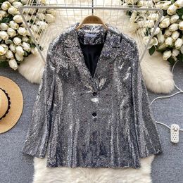 Women's Jackets Jacket Women Bling Sequins Long-sleeved Single Breasted Button Casaco Feminino Autumn Solid Colour Coat Woman All-match