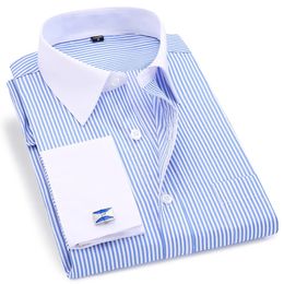 High Quality Striped For Men French Cufflinks Casual Dress Shirts Long Sleeved White Collar Design Wedding Tuxedo Shirt 6XL 240318