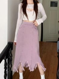 Skirts Purple Denim Women Spring Summer Oversized High Waist Irregularity Tassel Mid Length Streetwear