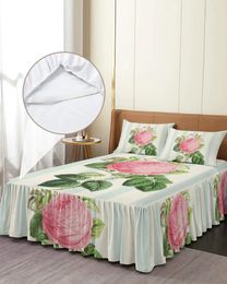 Bed Skirt Flower Rose Striped Background Elastic Fitted Bedspread With Pillowcases Mattress Cover Bedding Set Sheet