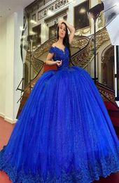 2021 Vintage Royal Blue Quinceanera Dresses Off Shoulder Lace Appliques Beads Sequined Lace Sequins Sweet 16 Party Prom Dress Even1363781