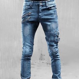 Men's Jeans Men Slim Biker Ripped Long Denim Trousers Skinny Pocket Side Straps Zips Male Jogging Pants Destroyed Stretchy