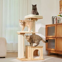 CIKEA Modern Wood Tree Cat Tower with Natural Sisal Scratching Post