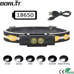 BORUiT D25 Dual LED Mini Headlamp 6Mode 1200LM Powerful Headlight Rechargeable 18650 Head Torch Camping Fishing Lantern 240306