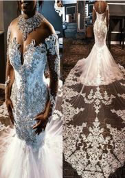 2020 Plus Size Wedding Dresses Lace Appliqued Crystal Beads High Collar Mermaid Wedding Dress Custom Made Country Style Bridal Gow1191266