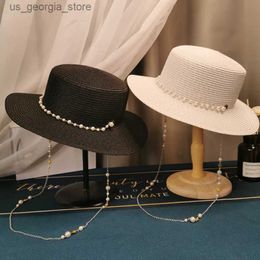 Wide Brim Hats Bucket Hats 2021 Summer Elegant Pearl Chain Flat Sun Hat Womens Chapeau Feminino Str Hat Panama Wide Brim UV Resistant Beach Hat Girl Topee Y240319