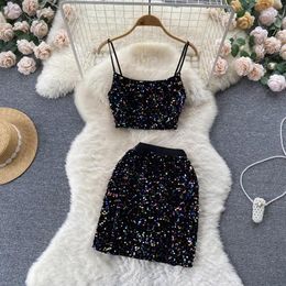 Work Dresses Sexy Sequin Two Pieces Sets Chic Off Shoulder Slip Crop Top With High Waist Mini Skirt Vacation