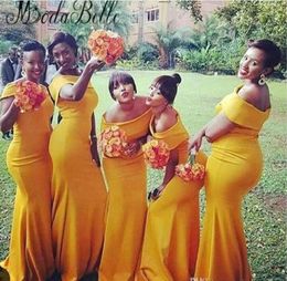 2018 Mermaid Long Bridesmaid Dresses Bateau Neck Nigeria Yellow Ruched Sweep Train Plus Size Long Evening Gowns Vestidos68844917886150