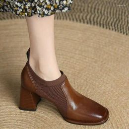 Dress Shoes 2024 Autumn Leather For Women Solid Slip On Black Round Toe Loafers Ladies Square Toed High Heel Zapatos