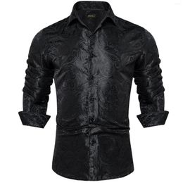 Men's Dress Shirts Luxury Black Paisley Silk Polyester Men Shirt Long Sleeve Solid Blue Red Green Turn Down Collar For Wedding Prom