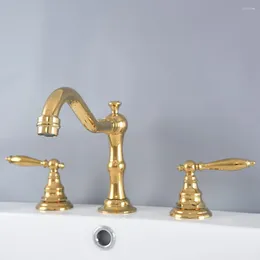 Bathroom Sink Faucets Polished Gold Basin Brass Deck Mounted Double Handle 3 Hole And Cold Water Tap Lnf984